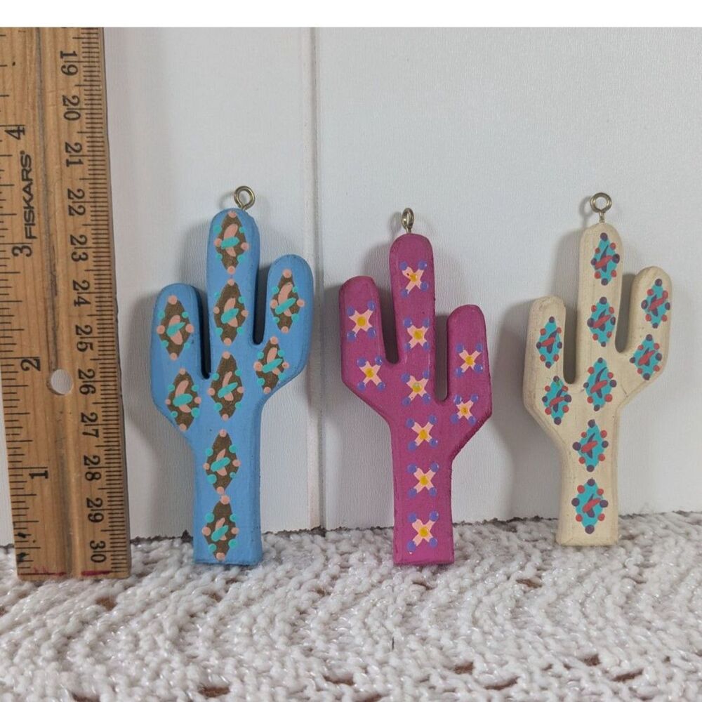 3 Wooden Hand Painted Cactus Dangles, Ornaments - Blue, Pink, White